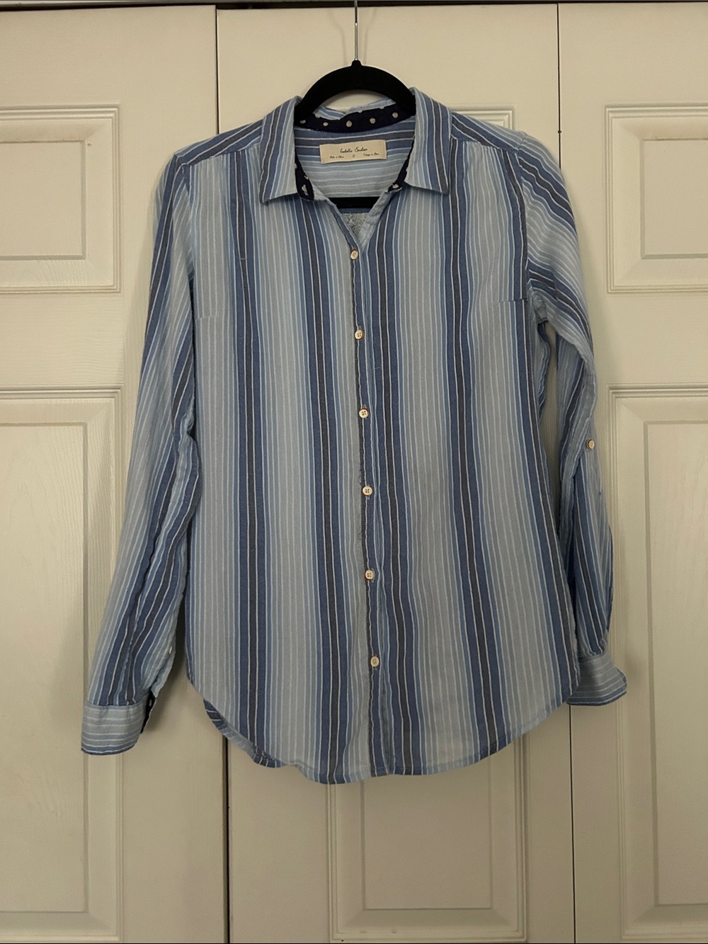 ISABELLA SINCLAIR Small Blue Striped Lace Button-Down Shirt Lightweight